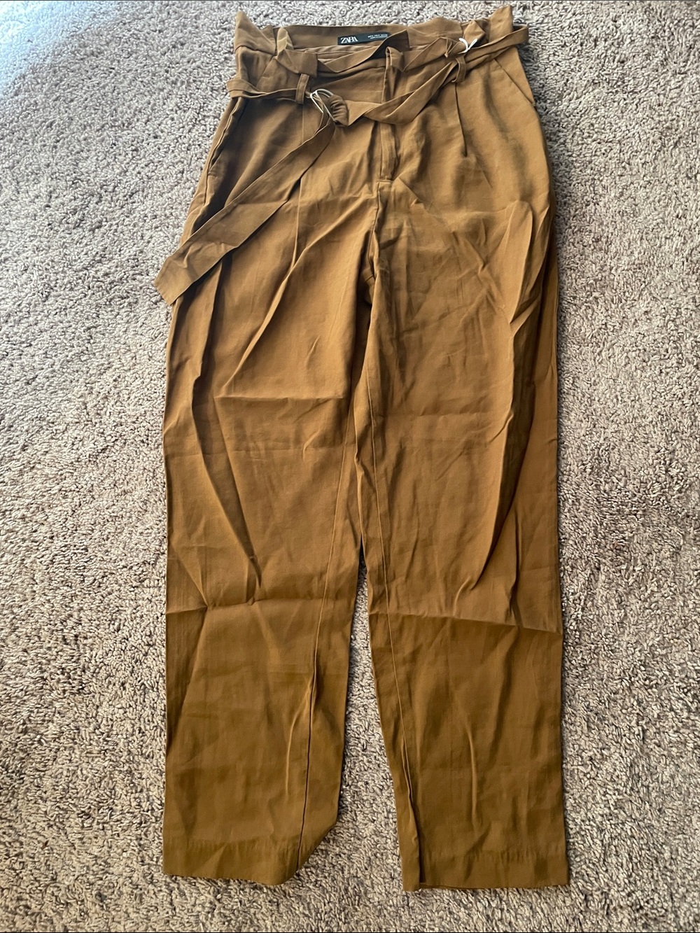 Zara Tan Paperbag Waist Trousers with Tie Belt
